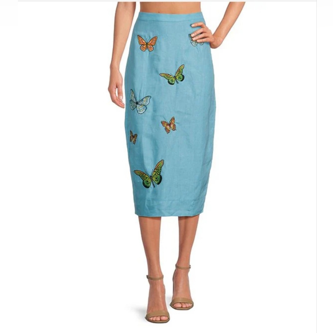Fanm Mon Marion Embroidered Linen Midi Pencil Skirt